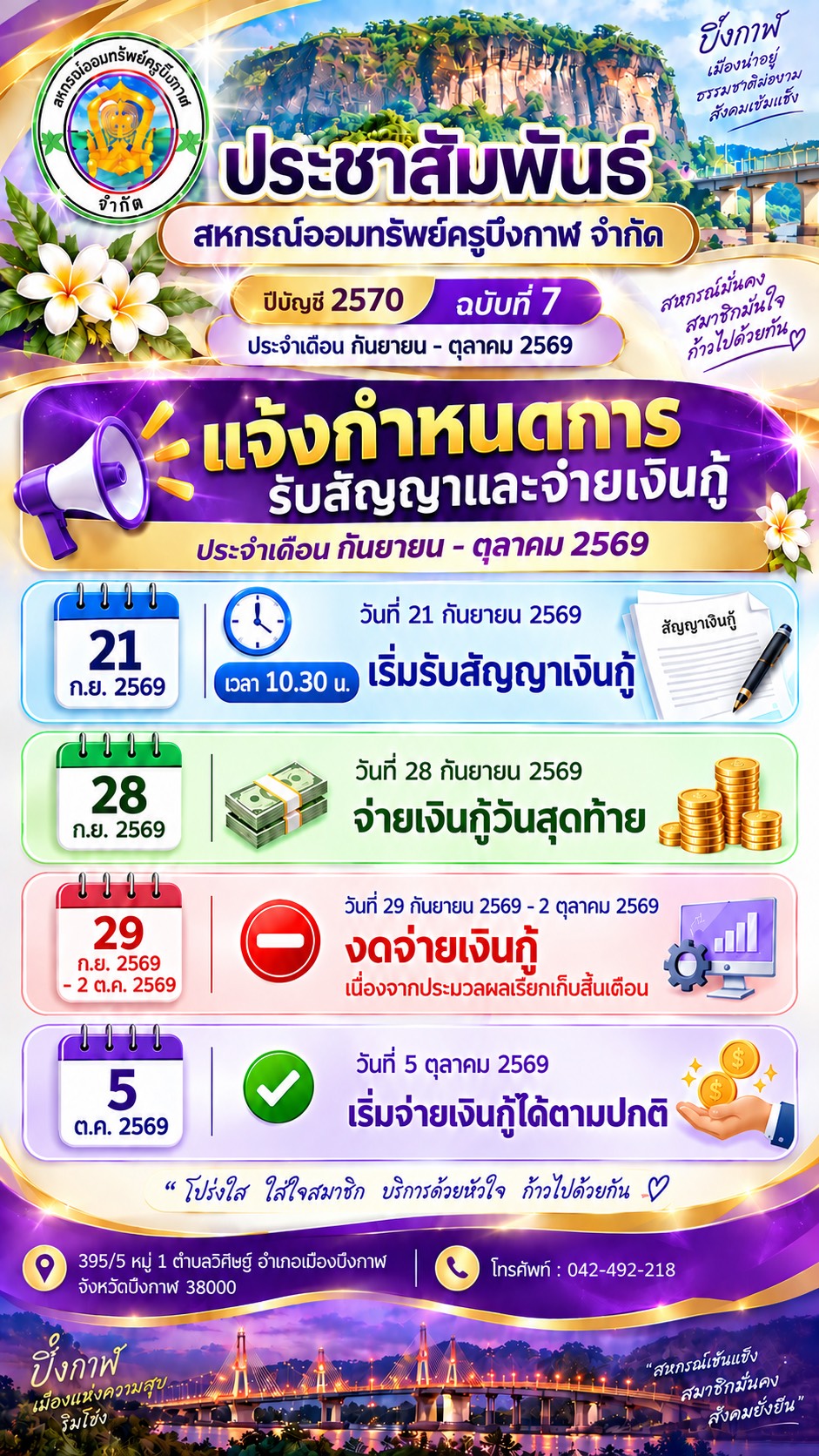 กำหนดการรับสัญญาและจ่ายเงินกู้